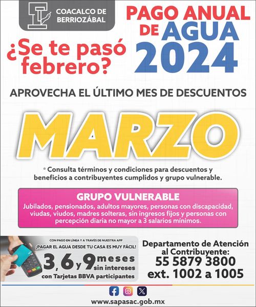 Realiza el pago de agua 2024 Horarios de atencion lunes