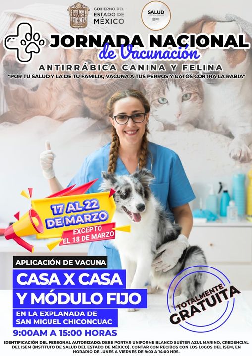 ¡Jornada Nacional de Vacunación Antirrábica Canina y Felina a llegado