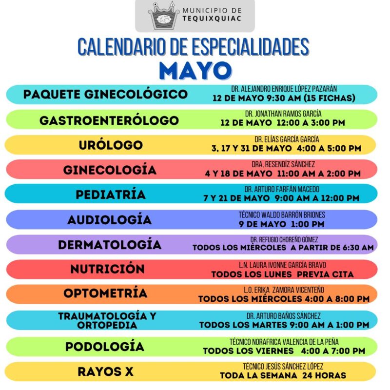 1714933571 Calendario de Especialidades y Servicios que ofrece la Clinica DIF