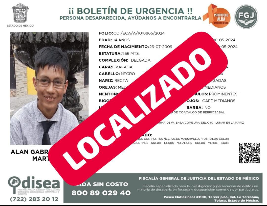 1715887266 Se realizo la localizacion de un menor que fue reportado