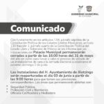 Comunicado. Palacio municipal, cierra las instalaciones hoy viernes 31 de