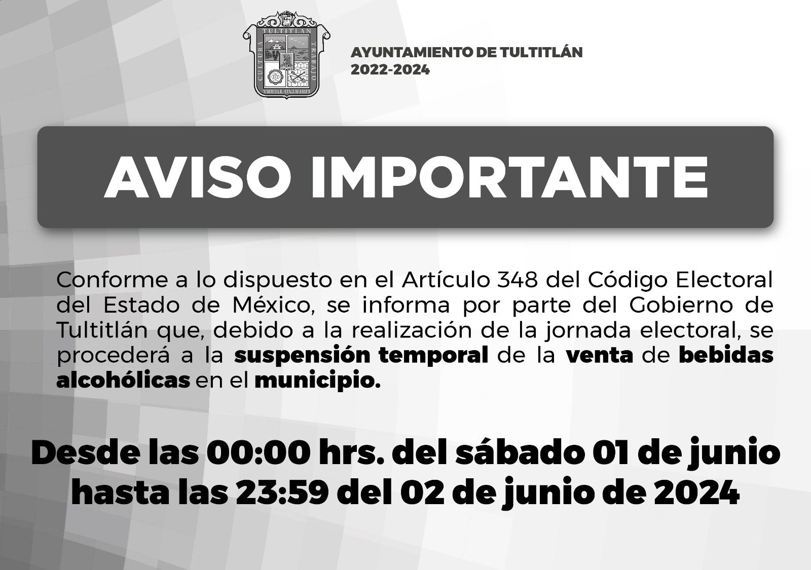 AVISO IMPORTANTE Debido a la jornada electoral de este fin