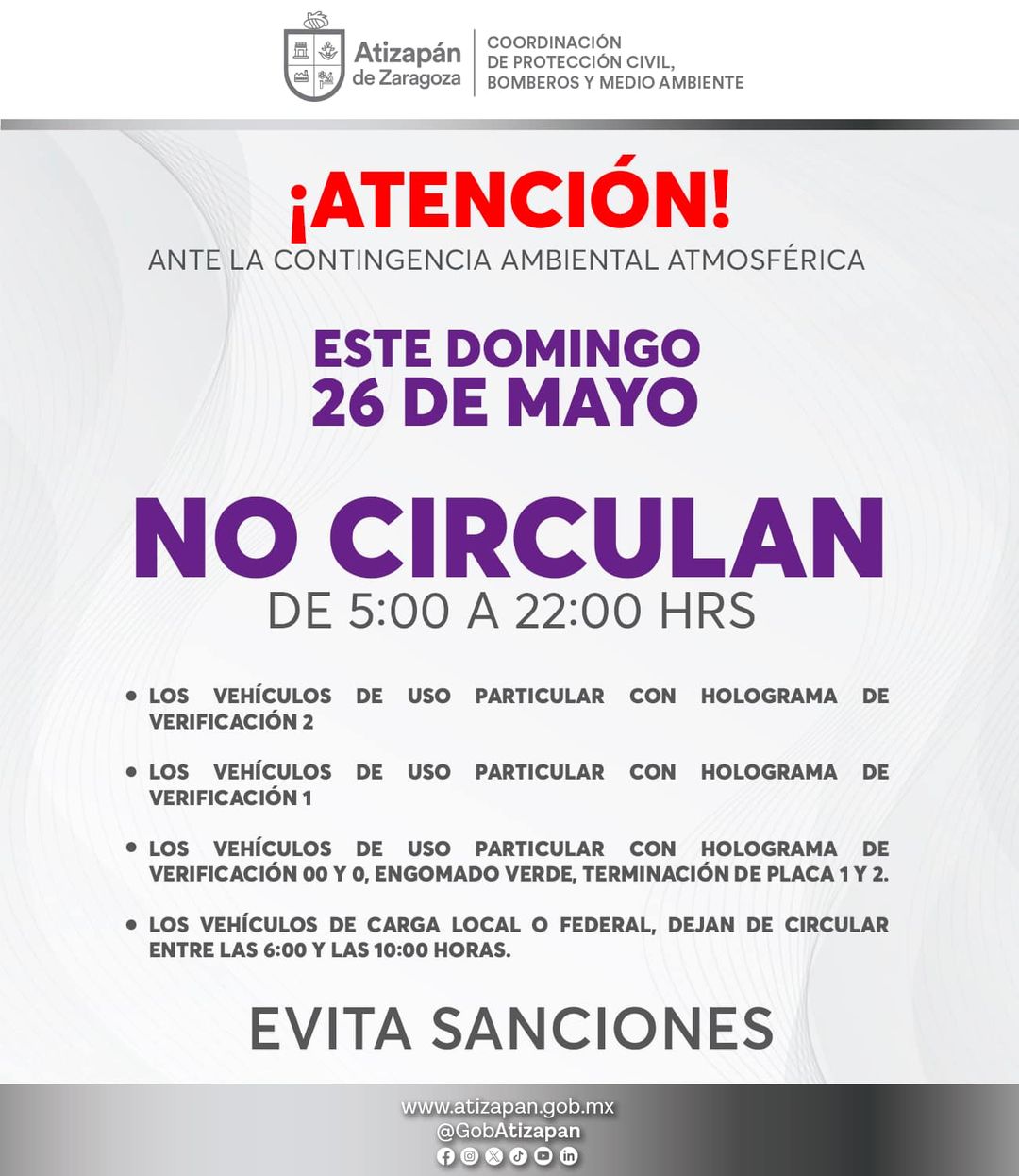 Atencion Este Domingo 26 de mayo debido a la Contingencia