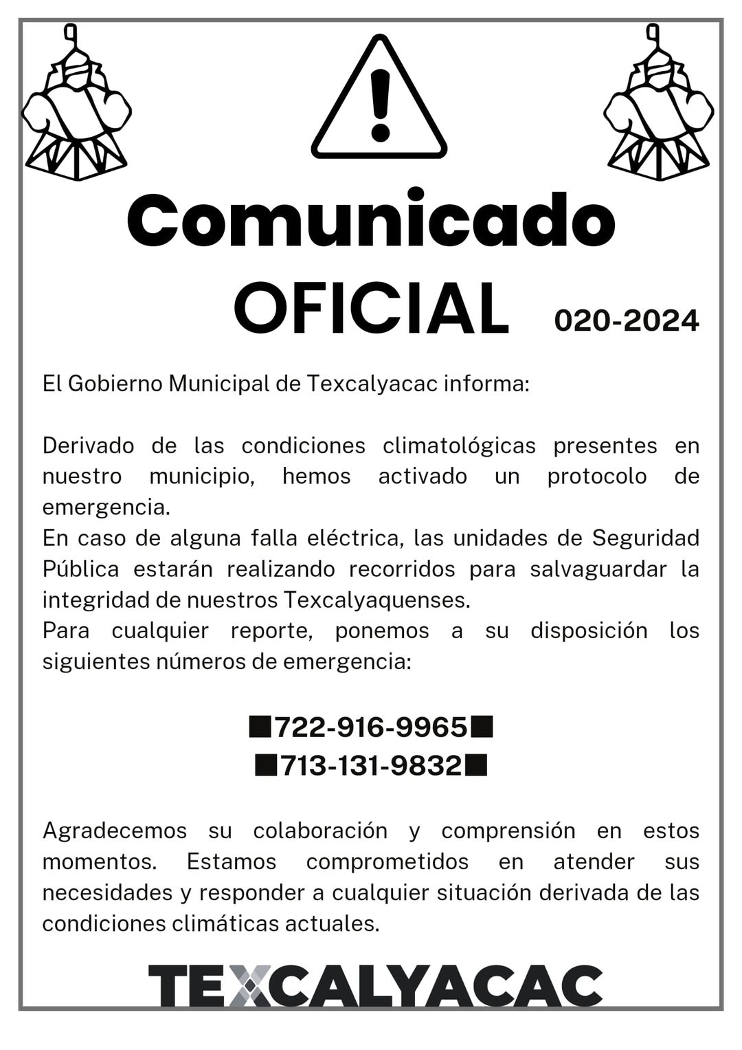 COMUNICADO OFICIAL El Gobierno Municipal de Texcalyacac informa