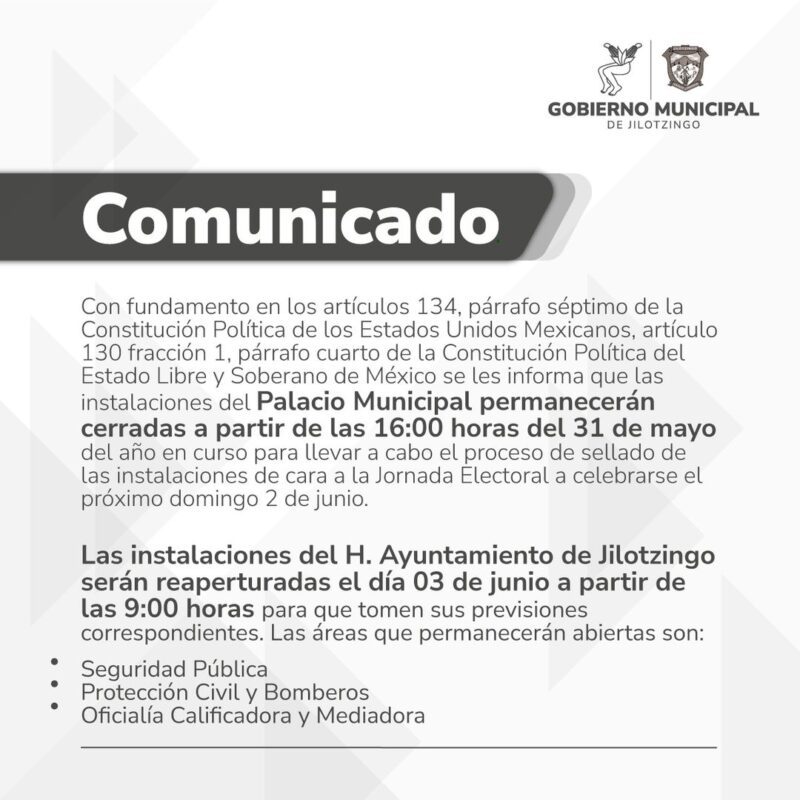 Comunicado Palacio municipal cierra las instalaciones hoy viernes 31 de