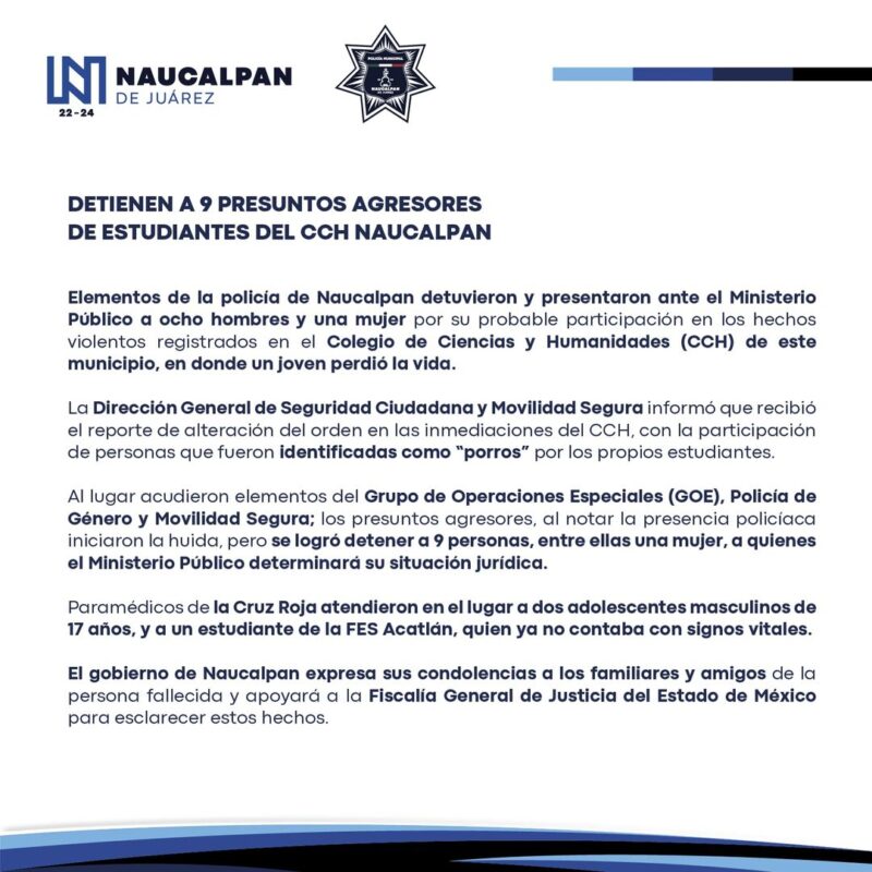 Detencion de 9 presuntos agresores de estudiantes del CCH Naucalpan