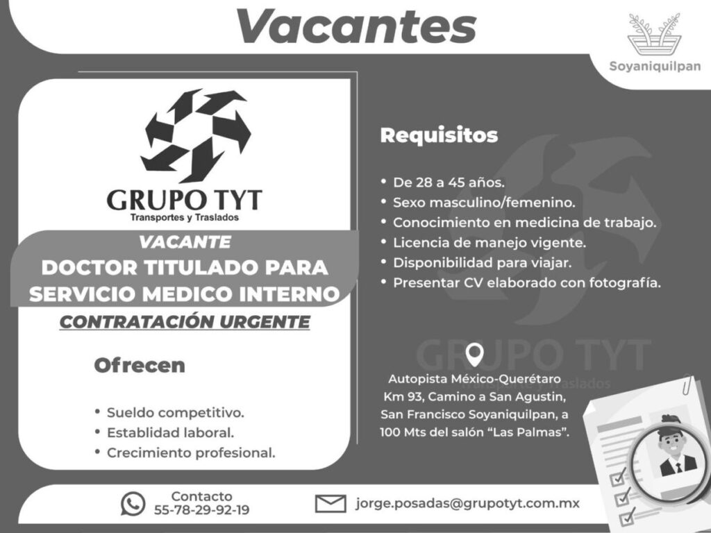 La empresa Grupo TYT está ofertando de manera URGENTE la siguiente vacante. Si e