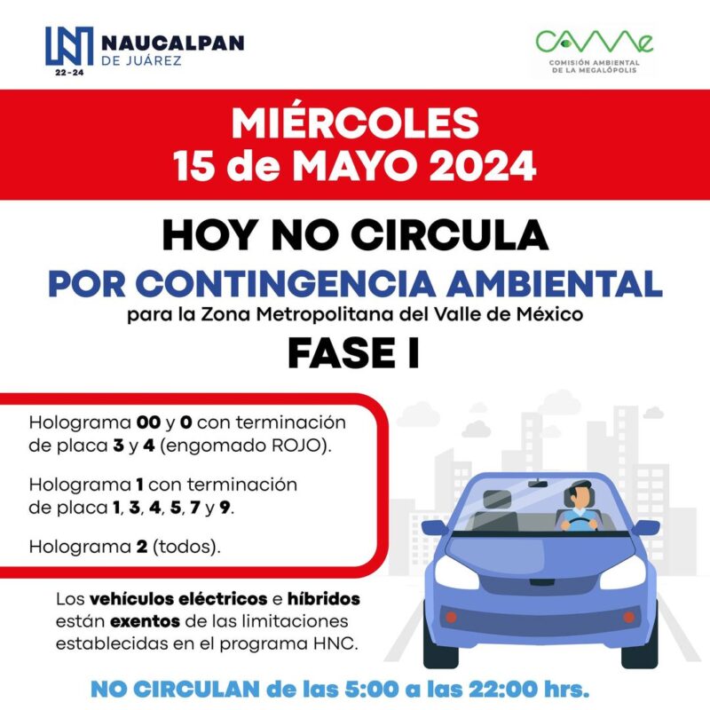 Restricciones vehiculares para el 15 de mayo