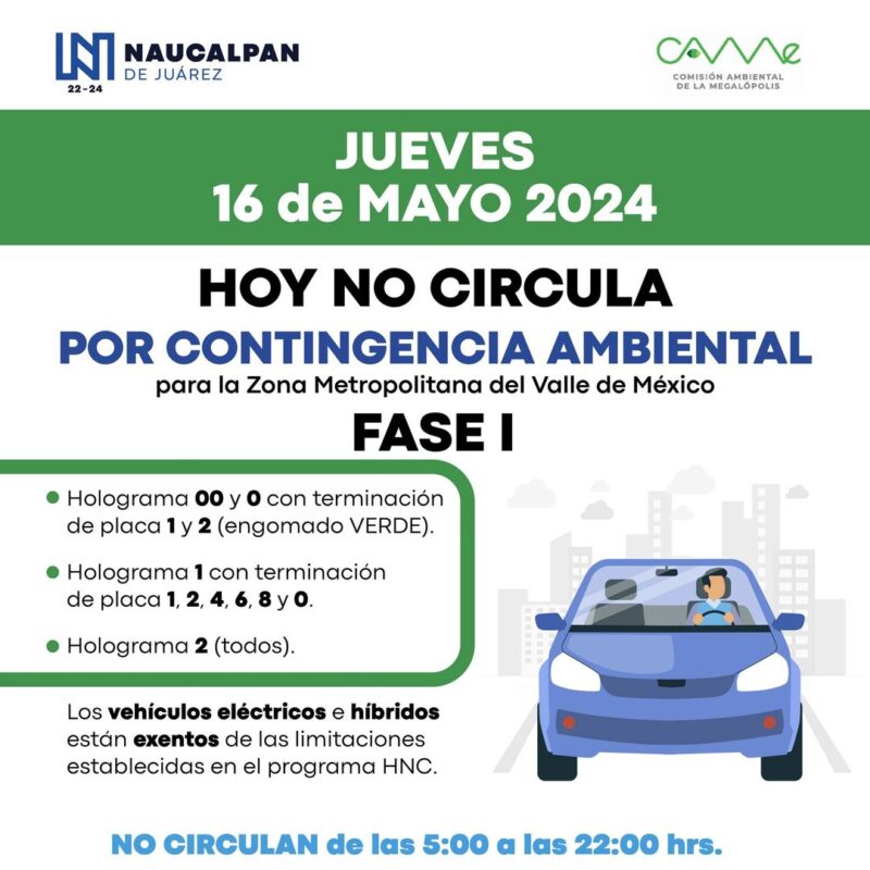 Restricciones vehiculares para el 16 de mayo