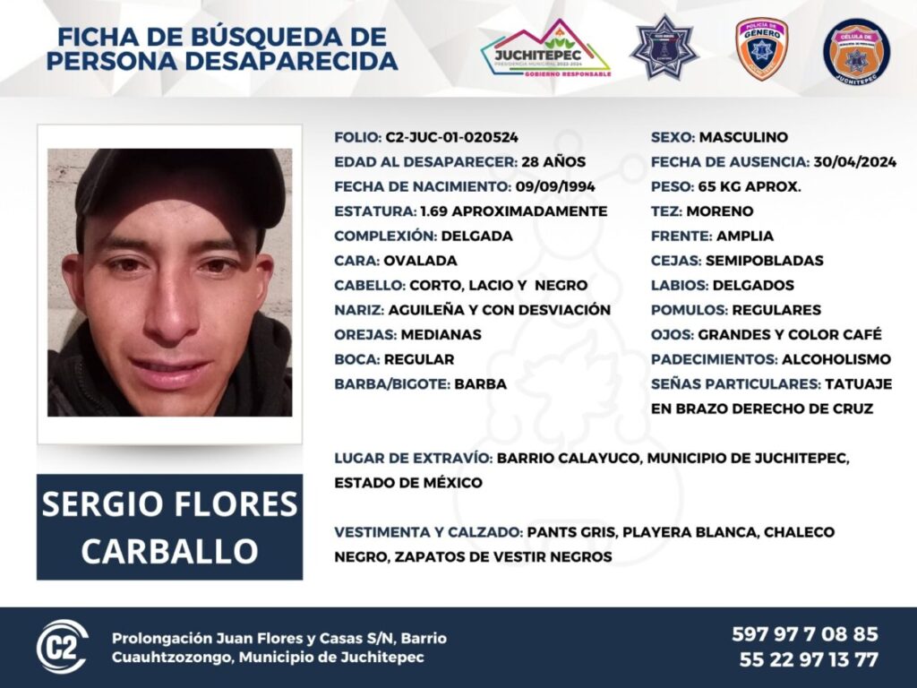 ¡Ayúdanos a encontrar a Sergio Flores Carballo! Comparte esta ficha de búsqueda