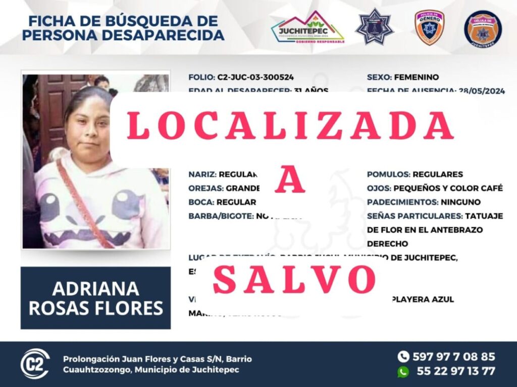 ¡Buenas noticias! Hemos encontrado a Adriana Rosas Flores y se encuentra bien.