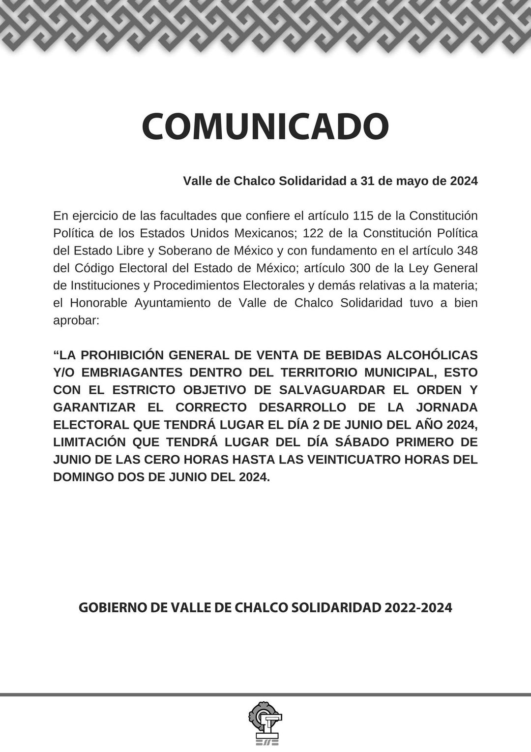 Comunicado H Ayuntamiento anuncia aplicacion de Ley Seca