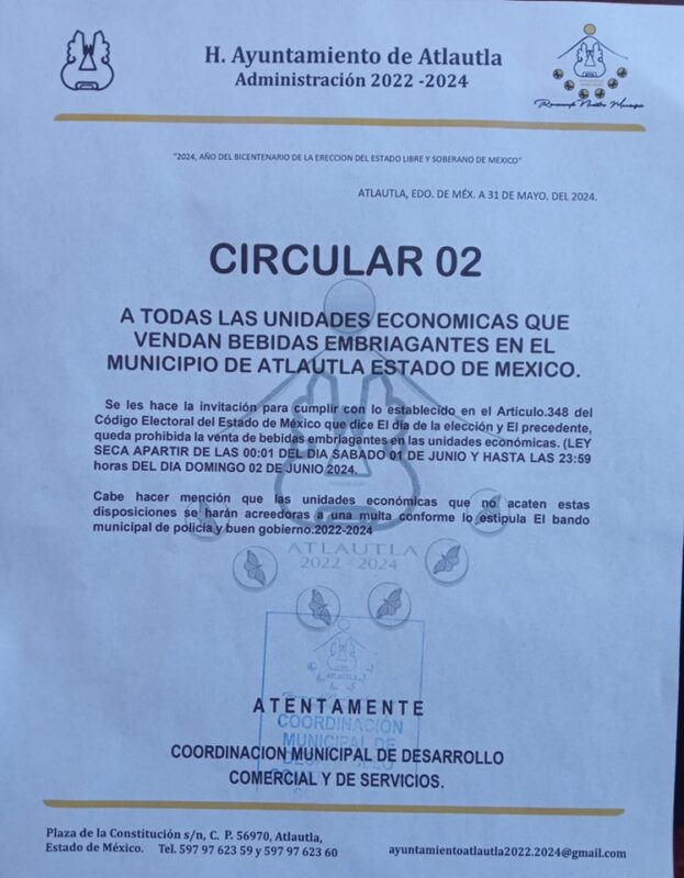 EL GOBIERNO MUNICIPAL INFORMA QUE HABRA LEY SECA A PARTIR