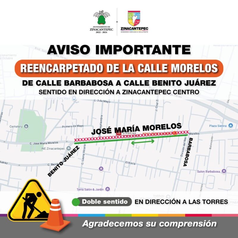 1733030786 AlertaVial Trabajos en calle Jose Maria Morelos y Pavon