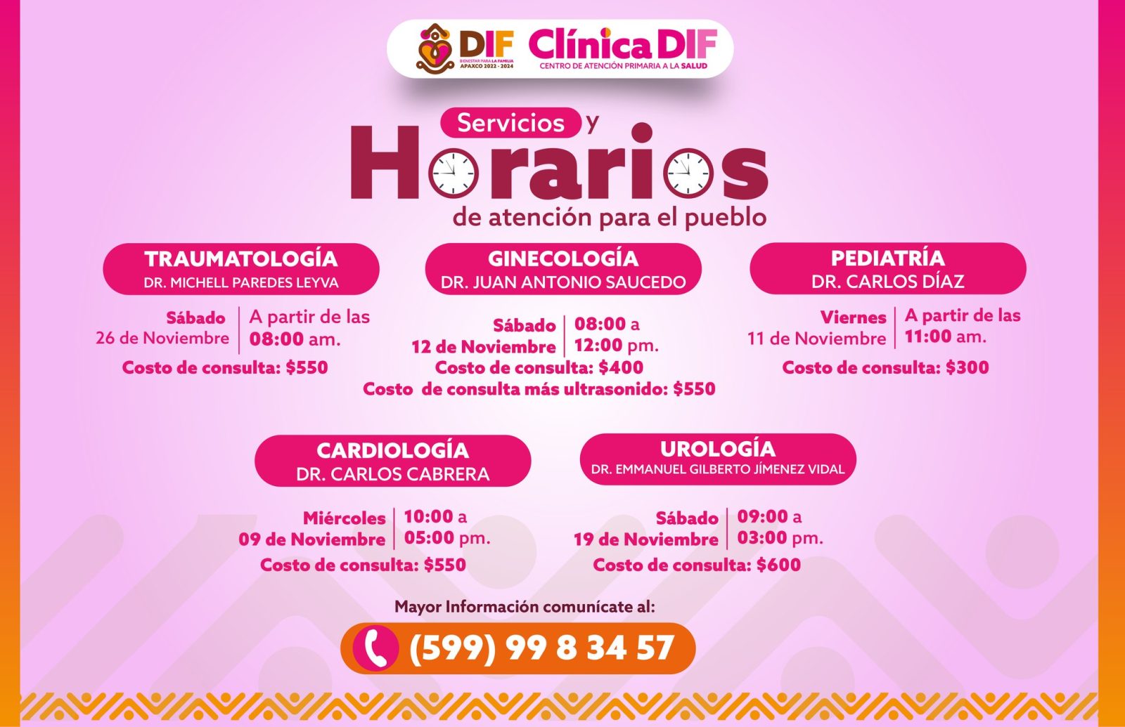 1668030307 868 HORARIOS DE LOS SERVICIOS Y ESPECIALIDADES DE CLINICA DIF DIF