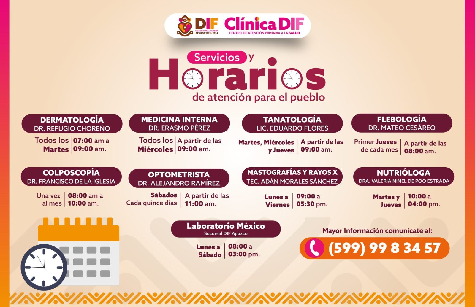 1668030313 HORARIOS DE LOS SERVICIOS Y ESPECIALIDADES DE CLINICA DIF DIF