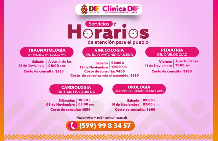 1668261133 HORARIOS DE LAS ESPECIALIDADES DE CLINICA DIF DIF Municipal de