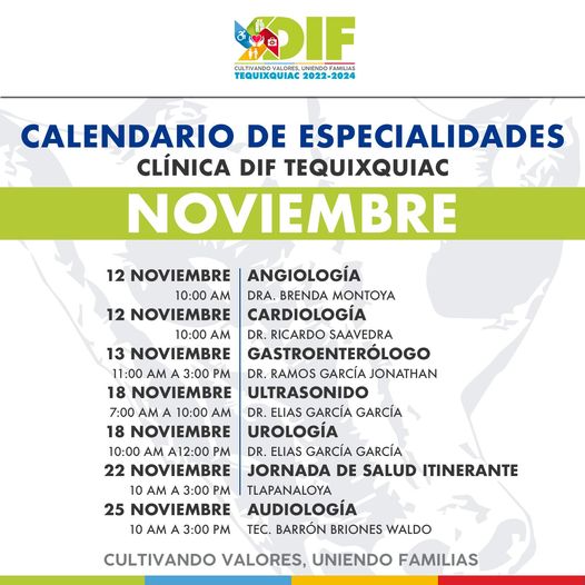 1668353064 Calendario de especialidades y servicios de la Clinica DIF