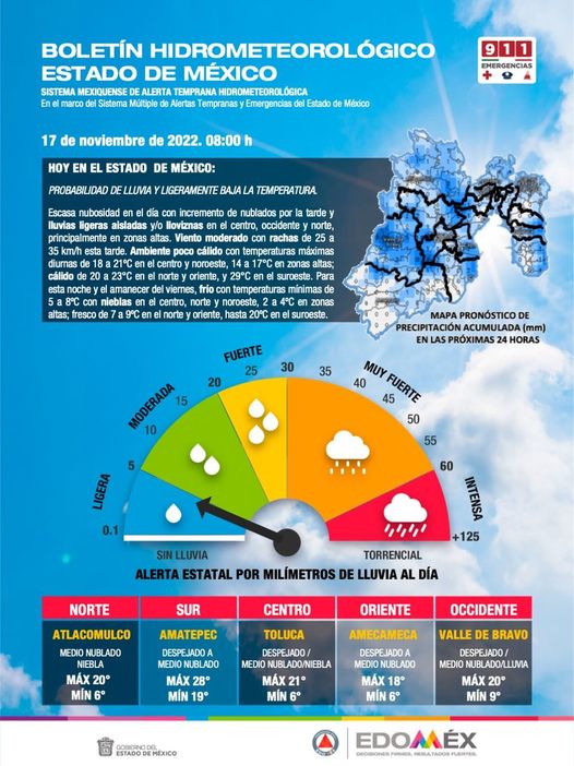 1668709287 Clima BOLETIN METEOROLOGICO Edomex Este jueves con probabilidad de