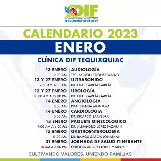 Calendario de especialidades y servicios de la Clinica DIF Tequixquiac jpg