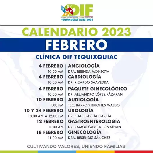 Calendario de especialidades y servicios de la Clinica DIF Tequixquiac jpg