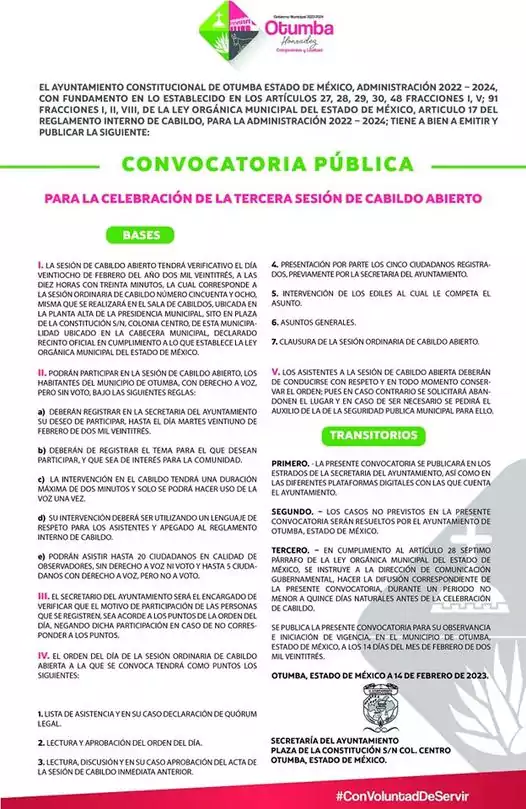 Convocatoria Publica para participar en el Tercera Sesion de Cabildo jpg