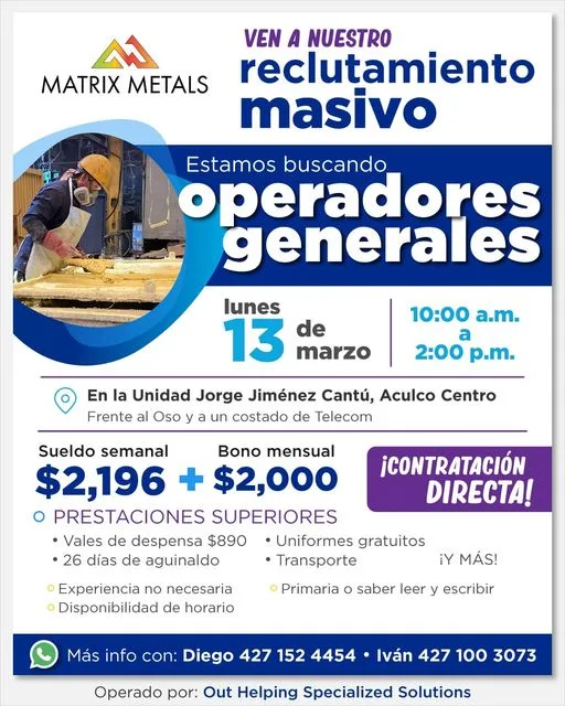 Si estas en busca de trabajo la empresa Matrix Metals jpg