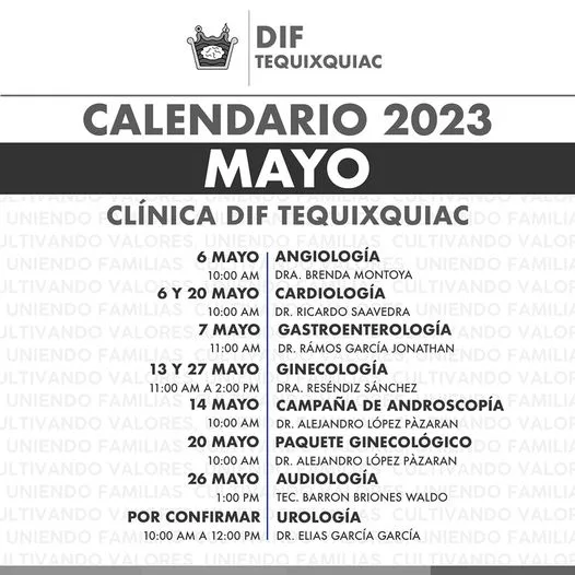 1683234648 Calendario de especialidades de Clinica DIF Tequixquiac para el mes jpg