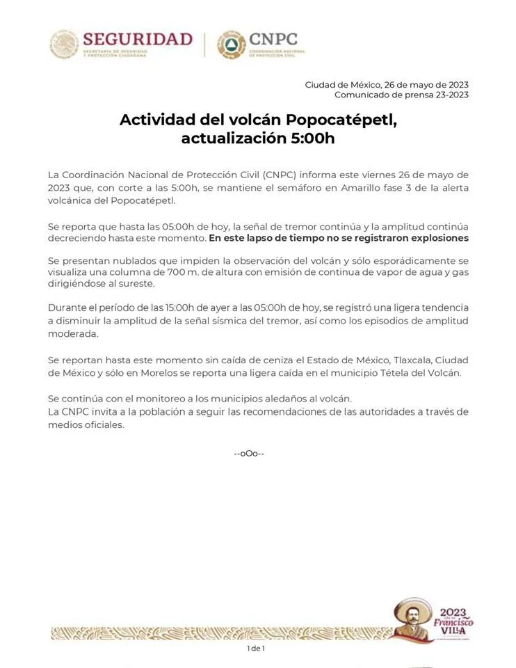 1685194110 Informacion oficial respecto a la actividad del Popocatepetl jpg