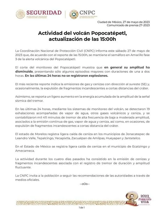 1685308181 Informacion importante Reporte de actividad del volcan Popocatepetl jpg