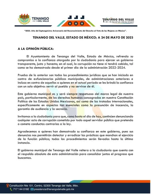 El Ayuntamiento de Tenango del Valle informa ¡Tu denuncia es jpg