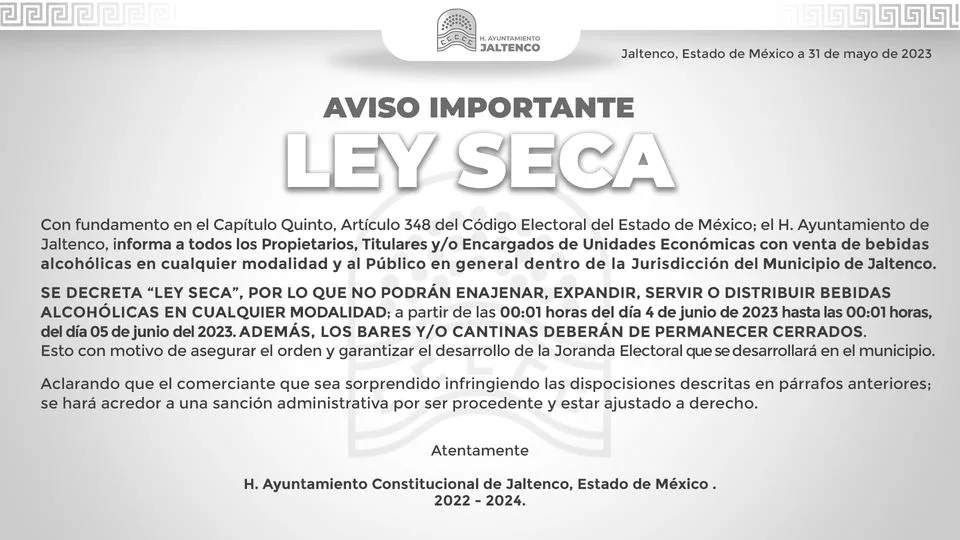 1685730408 AVISO IMPORTANTE A LA POBLACION DECRETO DE LA LEY SECA jpg