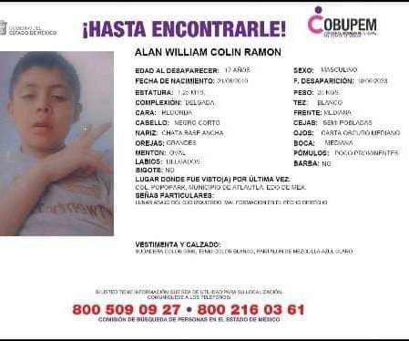 1687352023 SE PIDE SU COLABORACION PARA LOCALIZAR AL NINO ALAN WILLIAM