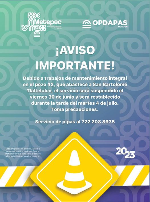 ¡Informacion importante Toma precauciones Opdapas de Metepec brindara servicio