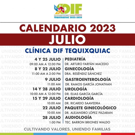 1688407486 Calendario de especialidades de Clinica DIF Tequixquiac para el mes