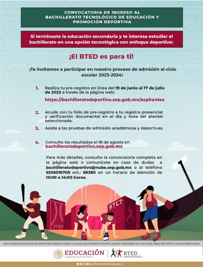 Te gusta el deporte? , ¡ El BTED es para ti ! Convocatoria de ingreso al Bachill