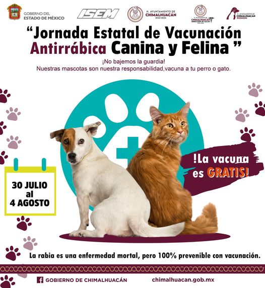 ¡Aprovecha la Jornada Estatal Antirrabica Canina y Felina