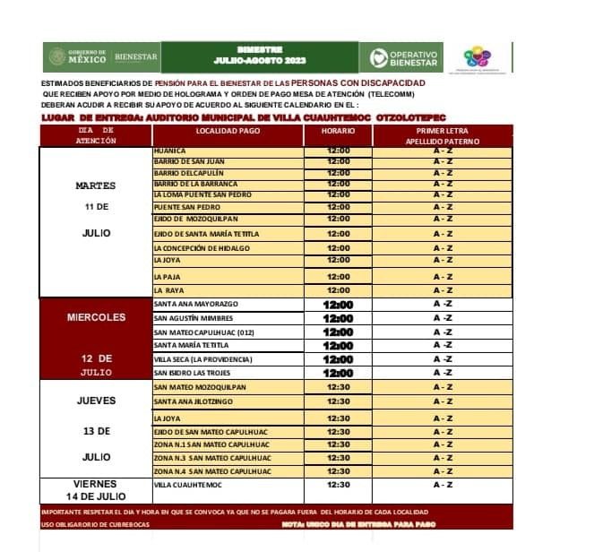 ¡Pasa la voz Otzolotepec entregara Pension para Personas con Discapacidad