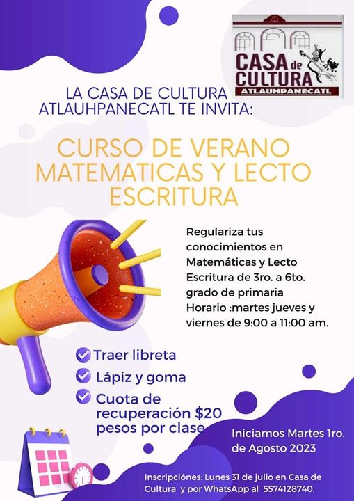 ¡¡¡ SE INVITA A PARTICIPA EN EL CURSO DE VERANO DE MATEMÁTICAS Y LECTO ESCRITURA