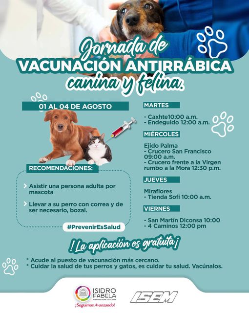 #𝗝𝗼𝗿𝗻𝗮𝗱𝗮𝗗𝗲𝗩𝗮𝗰𝘂𝗻𝗮𝗰𝗶𝗼́𝗻𝗔𝗻𝘁𝗶𝗿𝗿𝗮́𝗯𝗶𝗰𝗮 PRÓXIMAS FECHAS #VacunaciónAntirrábica para #p