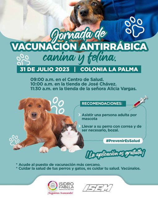 #𝗝𝗼𝗿𝗻𝗮𝗱𝗮𝗗𝗲𝗩𝗮𝗰𝘂𝗻𝗮𝗰𝗶𝗼́𝗻𝗔𝗻𝘁𝗶𝗿𝗿𝗮́𝗯𝗶𝗰𝗮 Próximas fechas para la #VacunaciónAntirrábica