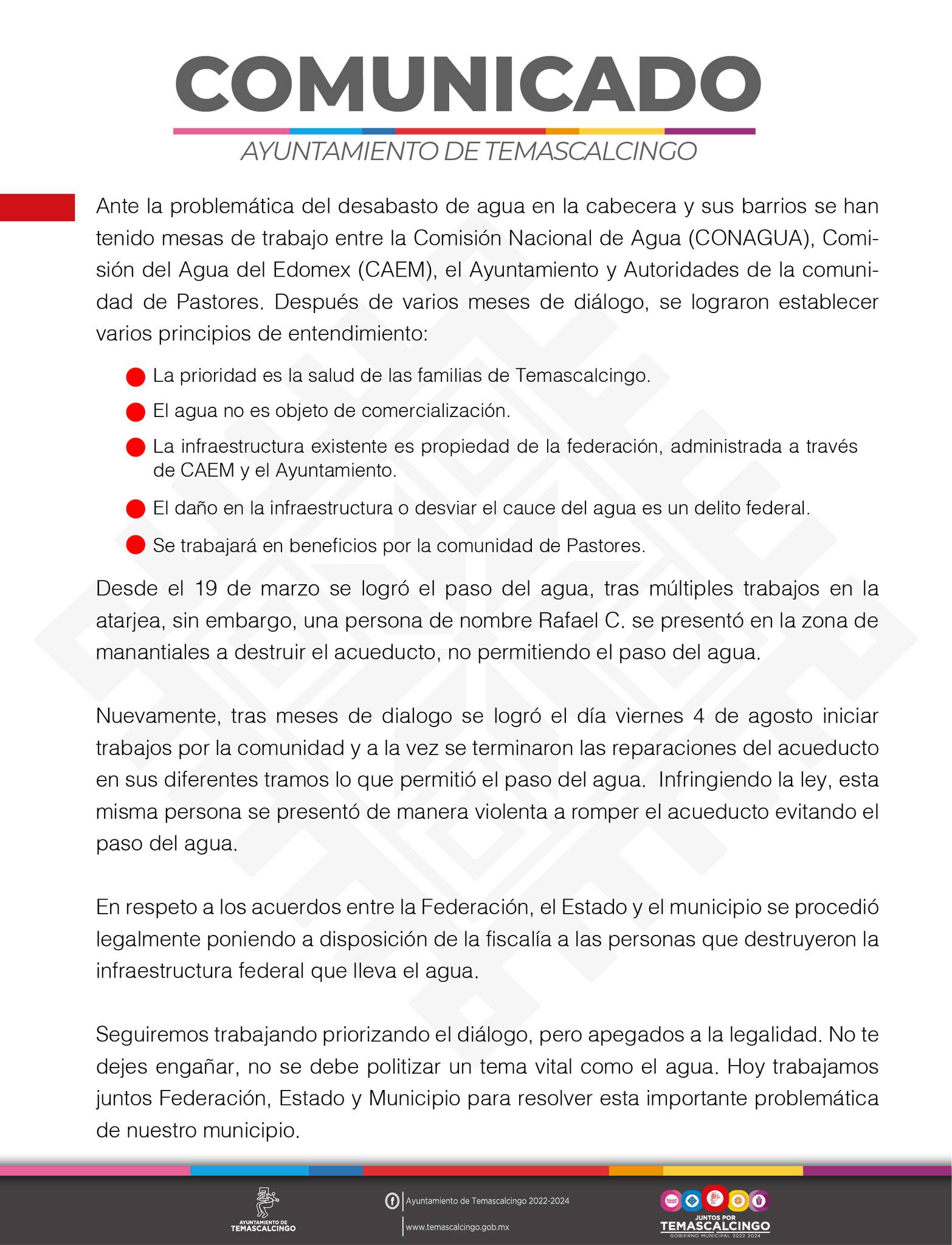 COMUNICADO Ante la problematica del desabasto de agua en la