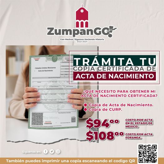 ¿Requieres tu ActaDeNacimiento certificada En ZumpanGO hacerlo es super Fa