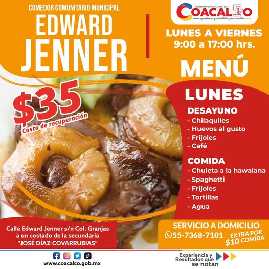 ¿Visitanos en el comedor comunitario Edward Jenner Checa el menu