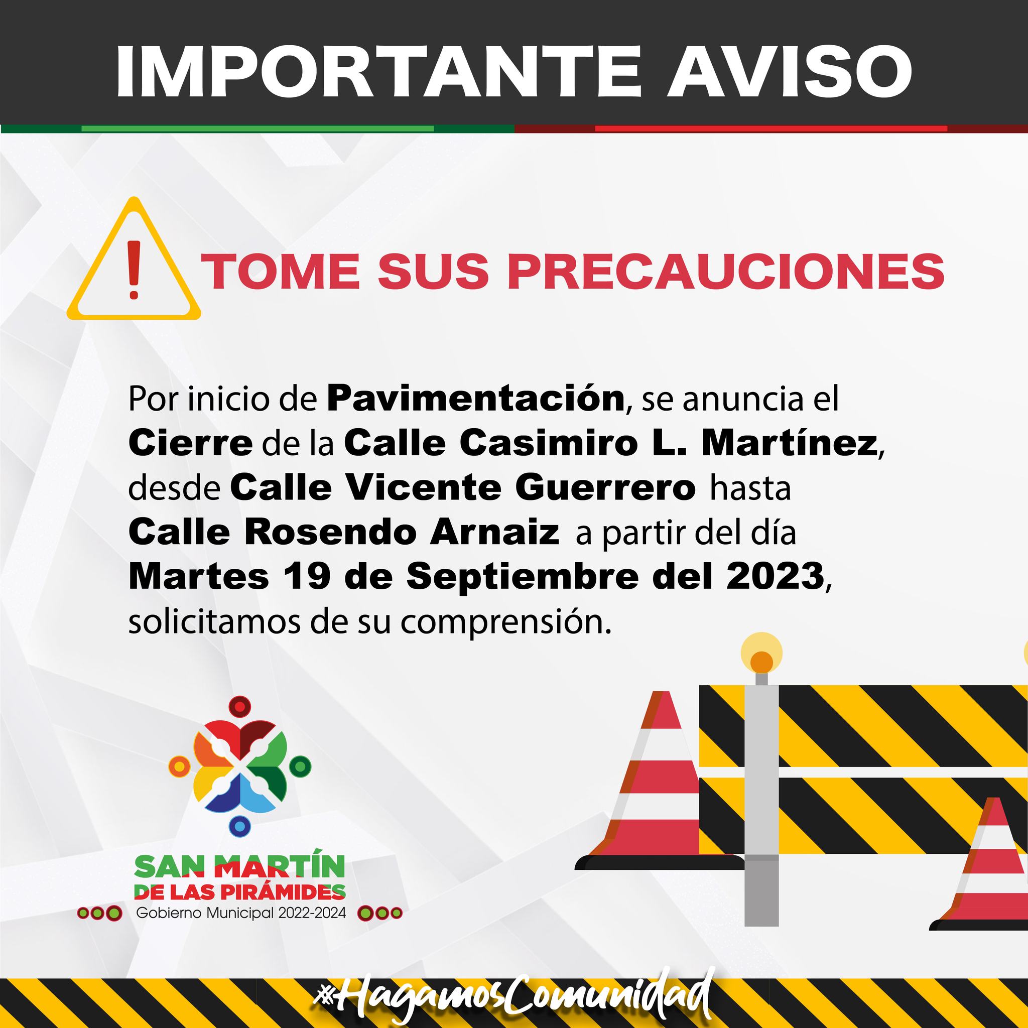 AVISO IMPORTANTE INICIO DE PAVIMENTACION Manana martes 19 de Septiembre