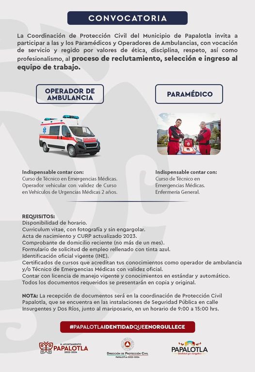 OportunidadLaboral para unirte al equipo de ProteccionCivil de Papalotla ¡Co