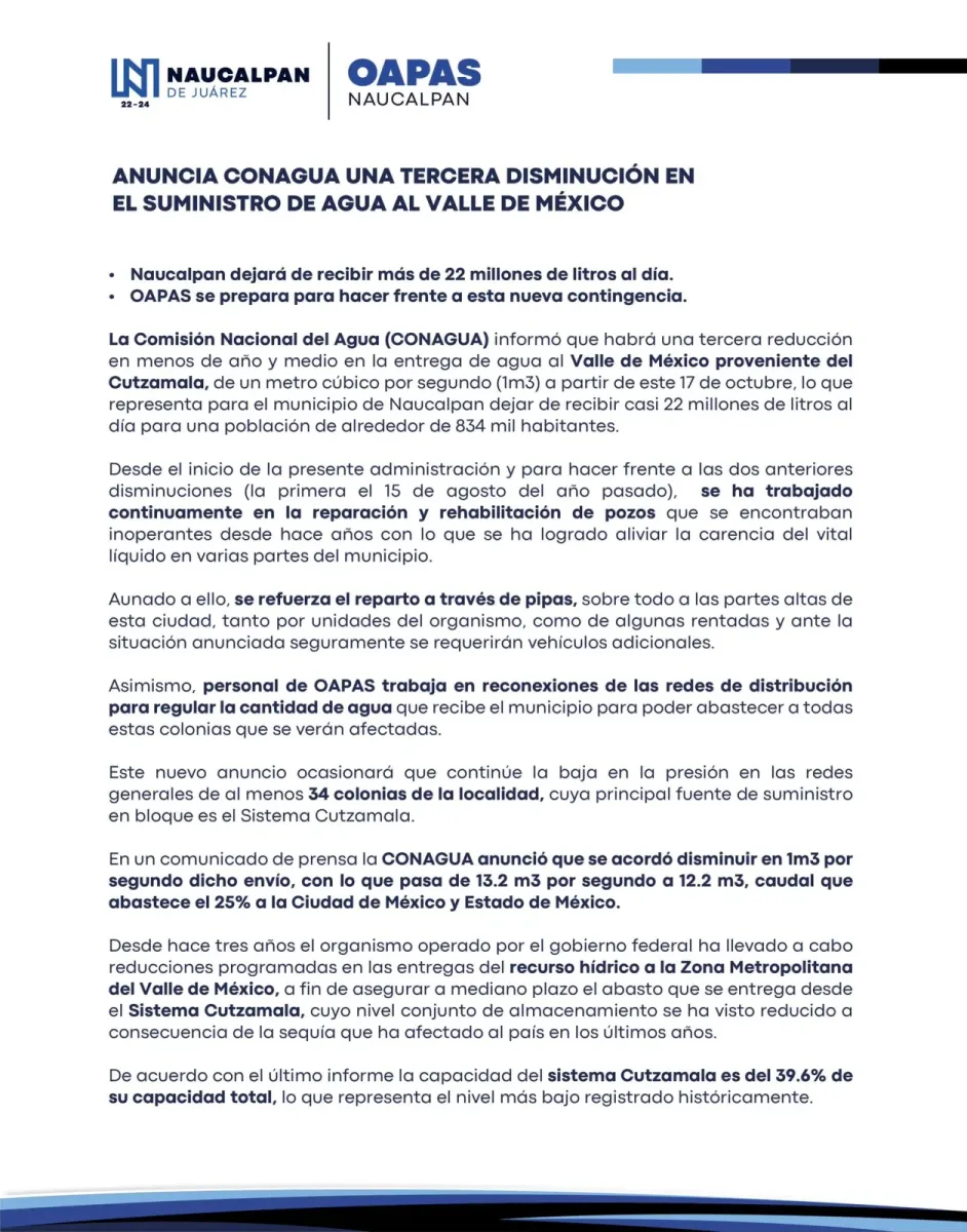 1697652675 Anuncia CONAGUA una tercera disminucion en el suministro de agua scaled