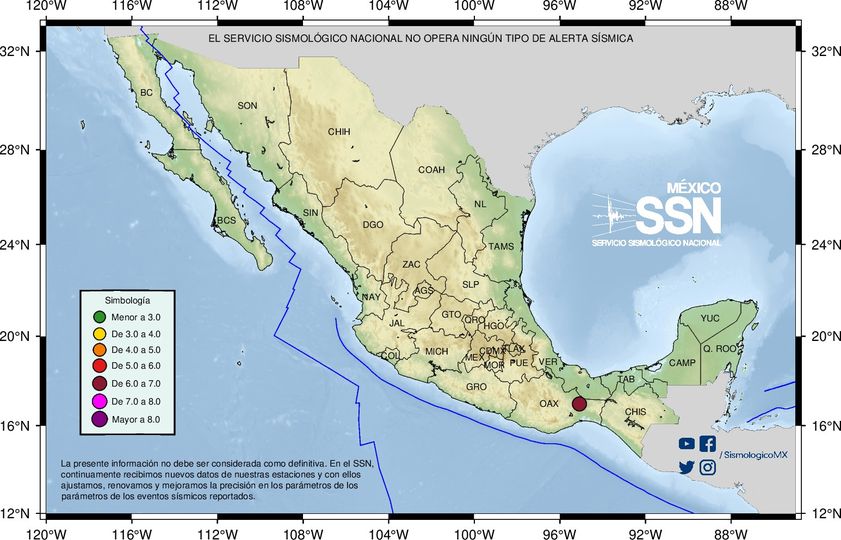 Se reporta Sismo Magnitud de 63