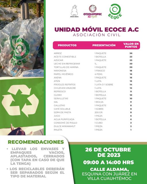 ¡La unidad ECOCE te espera Intercambia tus materiales reciclables por