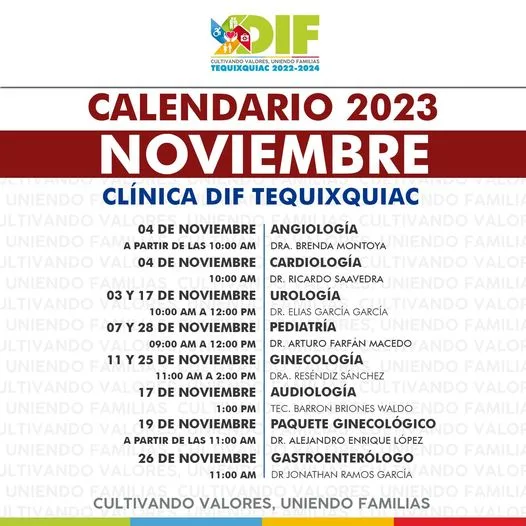 1699034295 Calendario de especialidades y servicios que ofrece la Clinica DIF jpg